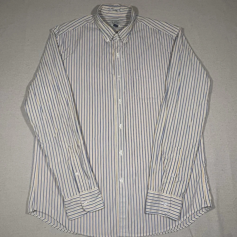 J Crew Secret Wash Shirting Mens Large Classic Striped Shirt Blue Yellow Stretch